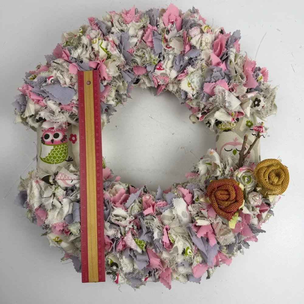 Handmade Shabby Chic Owl Rag Wreath Pink Grey Burlap Roses Nursery Decor 12